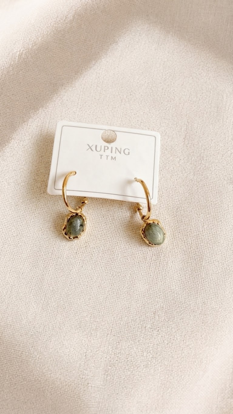 Créoles Dorées Pendentif Pierre - Vert Sauge ✨
